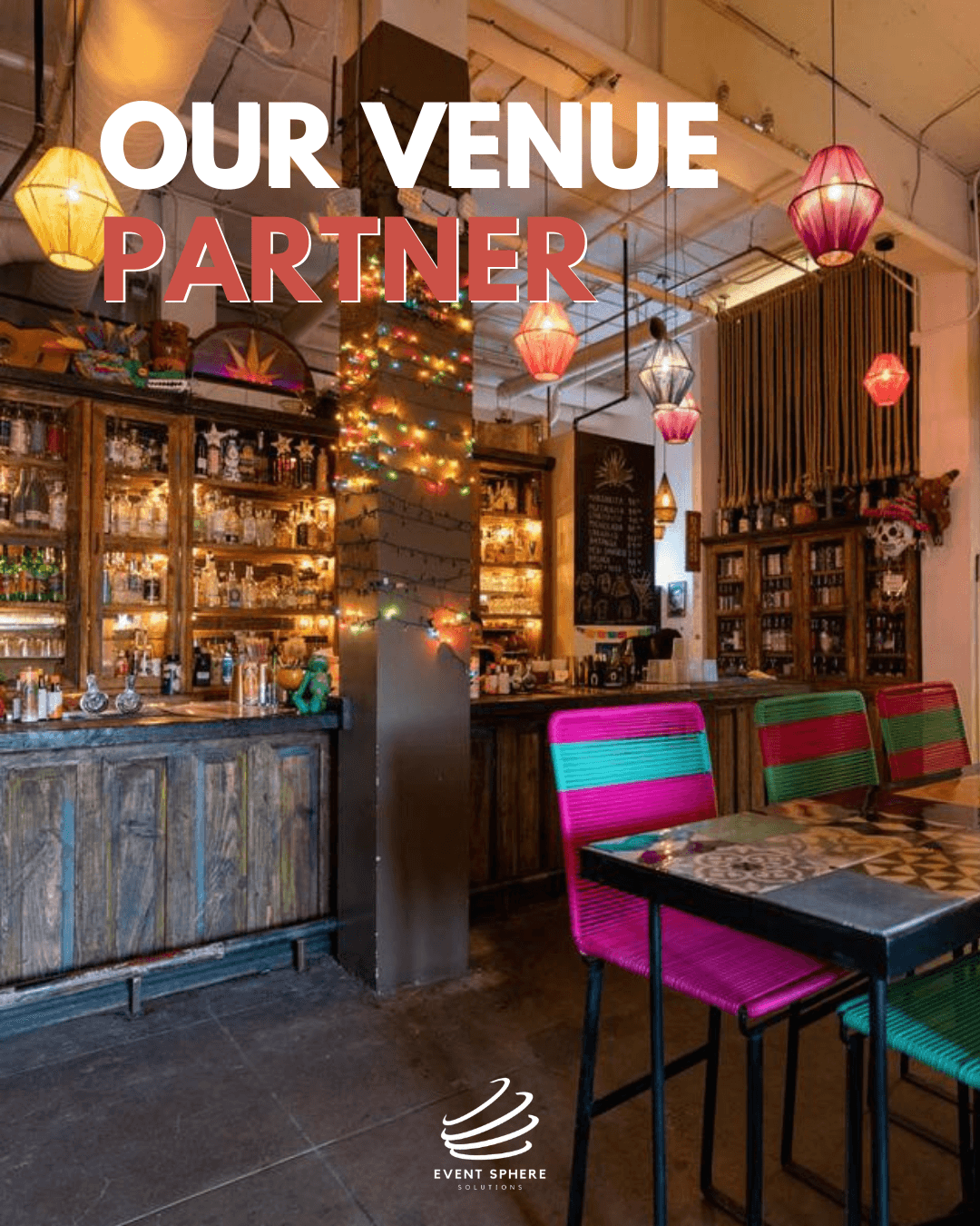 Interior of a bar or restaurant with colorful chairs, hanging lanterns, and a decorated Christmas tree, with text about venue partnership.