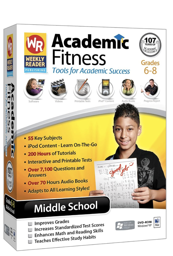 Middle school academic fitness workbook with a smiling girl holding a signed paper, colorful cover with icons, and text.