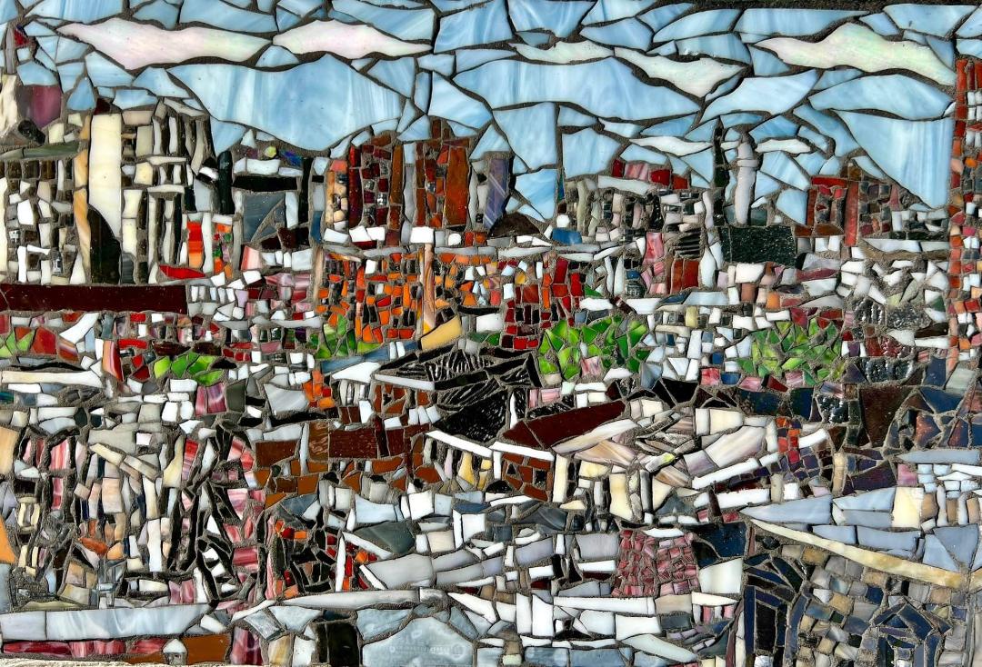 Cityscape with buildings, rooftops, and sky, depicted in a mosaic style with fragmented shapes and colors.