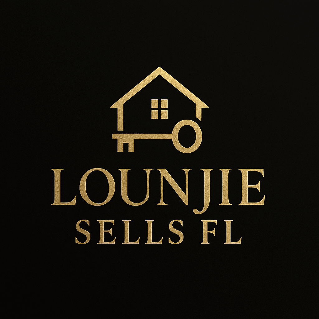 Logo with a house and key, text reads 'LOUNJIE SELLS FL', on black background.