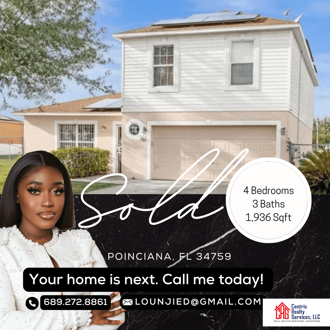 Two-story house with a garage, trees, and bushes in front, sold sign with agent's photo, contact info, and property details.