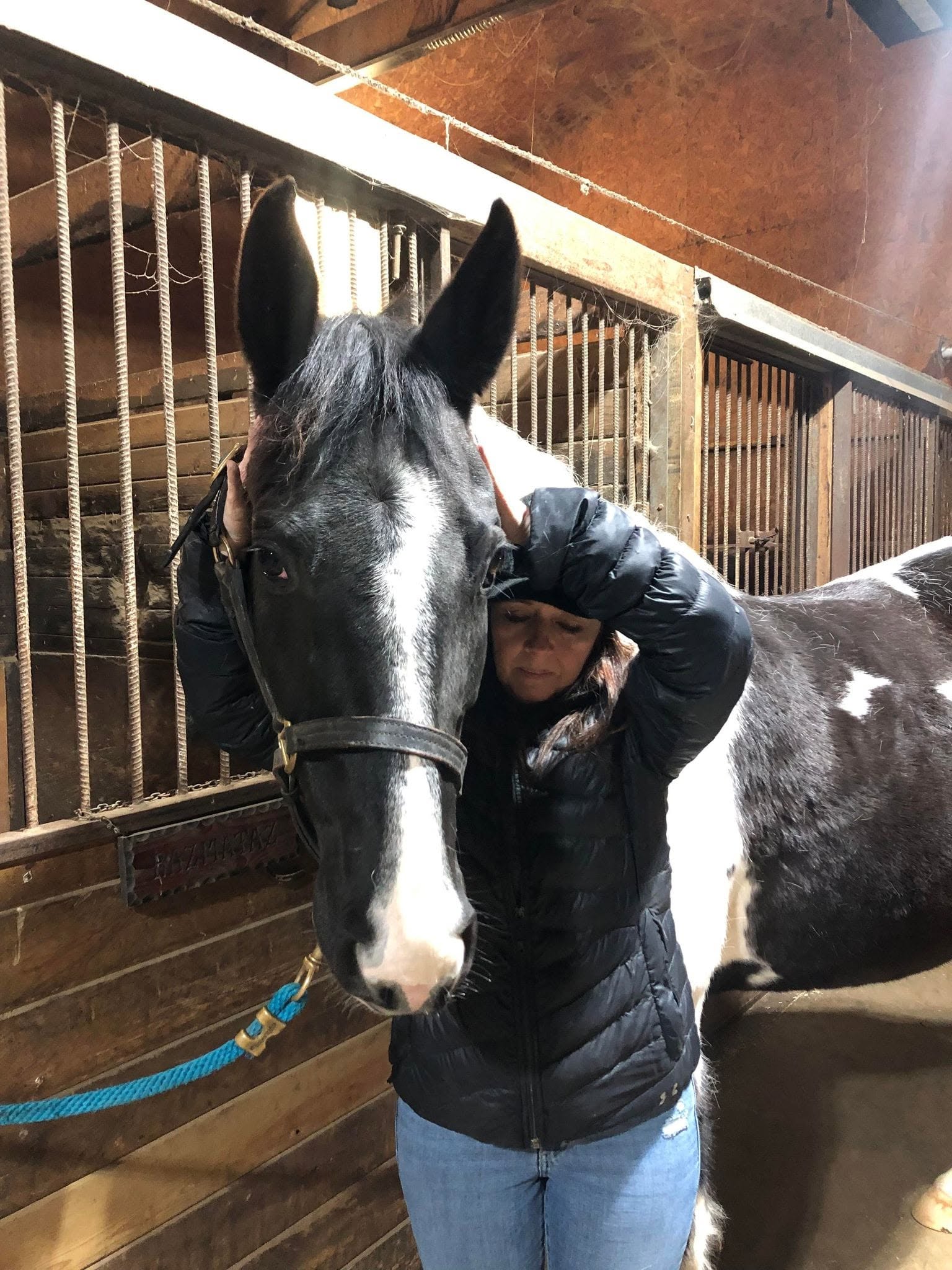 Child in black jacket and jeans standing next to a black and white horse inside a stable, holding the horse's head gently.