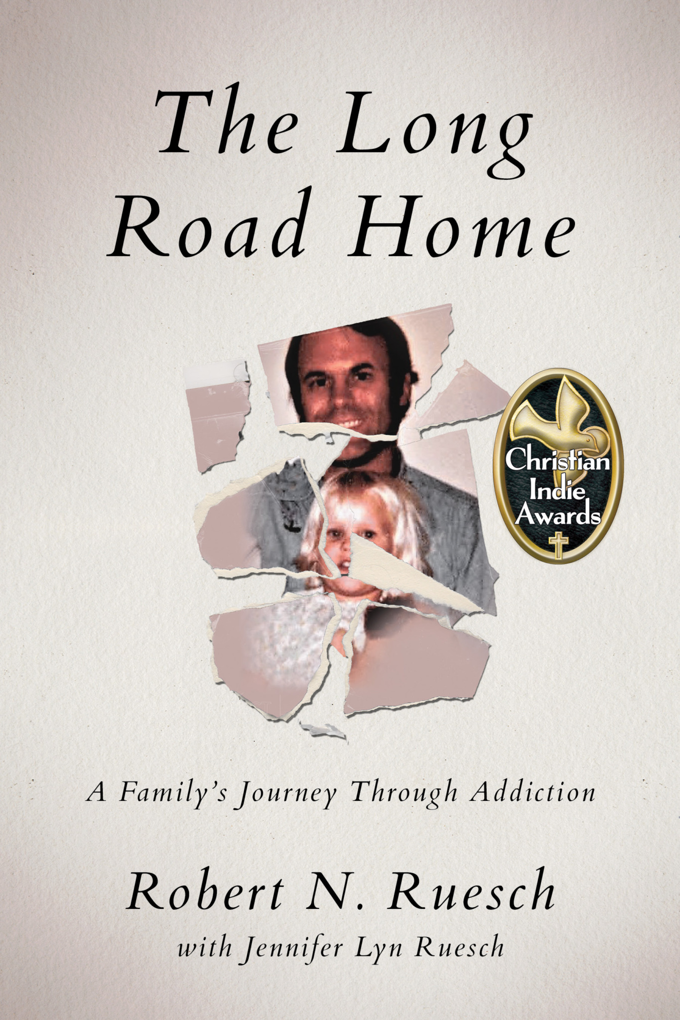 Book cover titled 'The Long Road Home' with a torn photo of a man and child, and a Christian Ingle Awards badge.