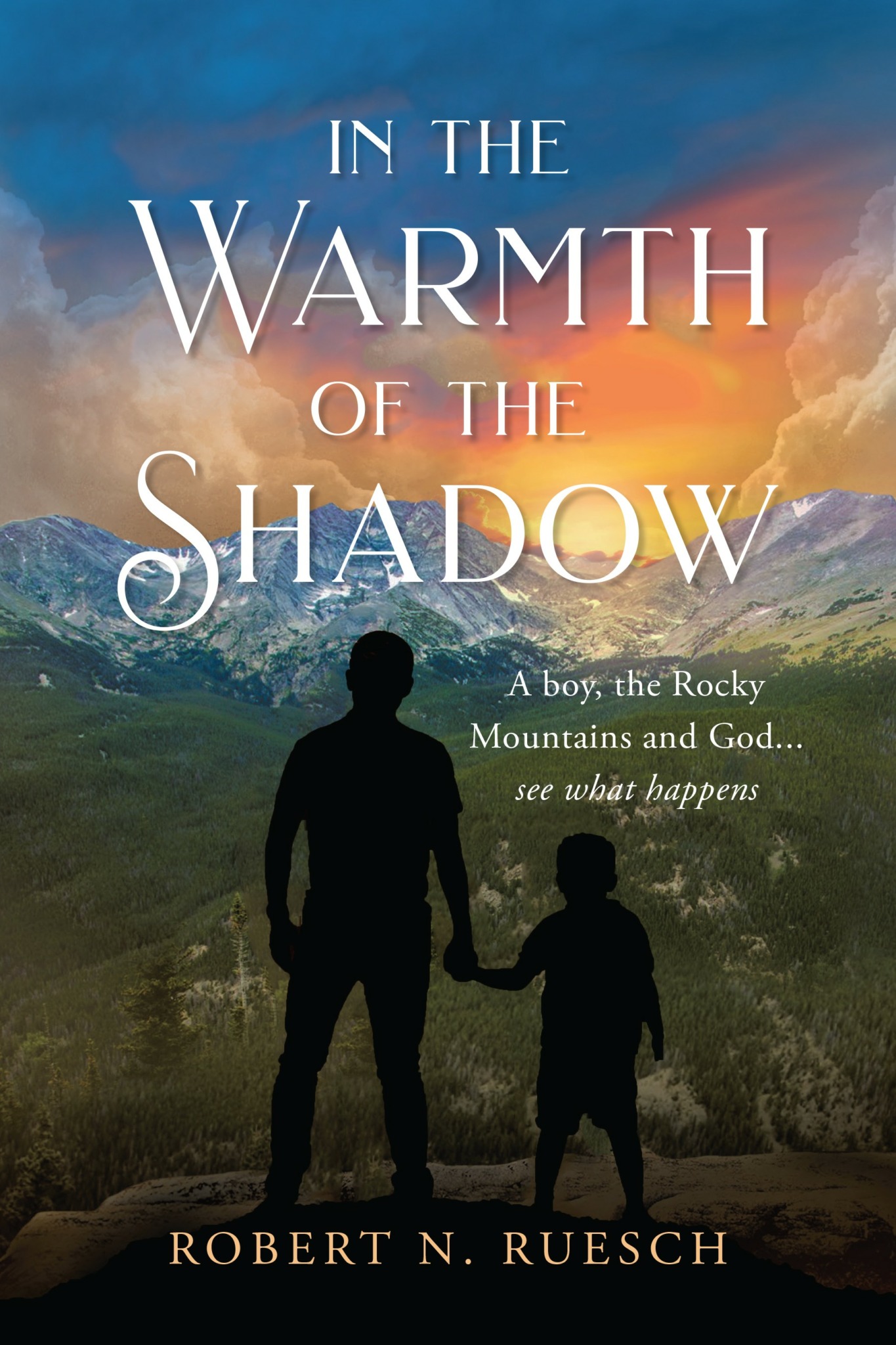 Silhouettes of an adult and child holding hands against a mountain landscape with a colorful sky, and text about warmth and shadow.