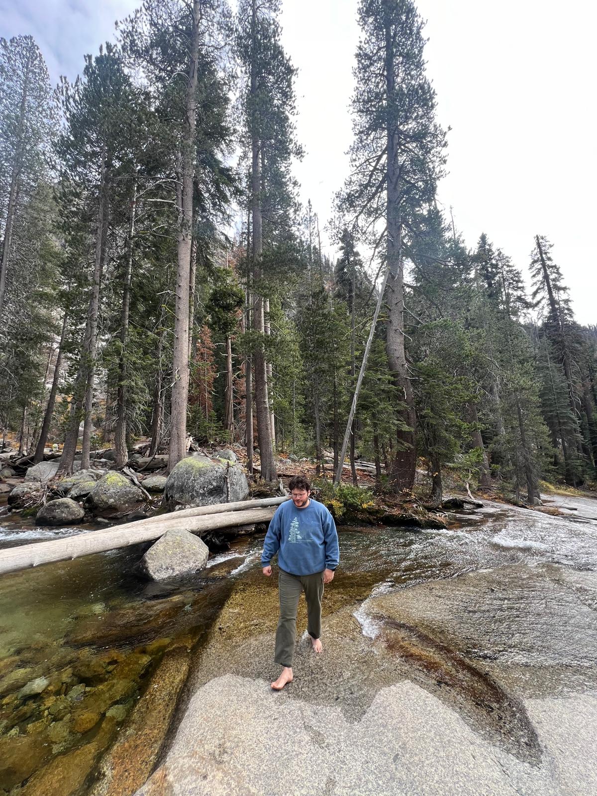 Person walking on a rocky riverbank surrounded by tall trees and a flowing river, wearing a blue jacket and dark pants.