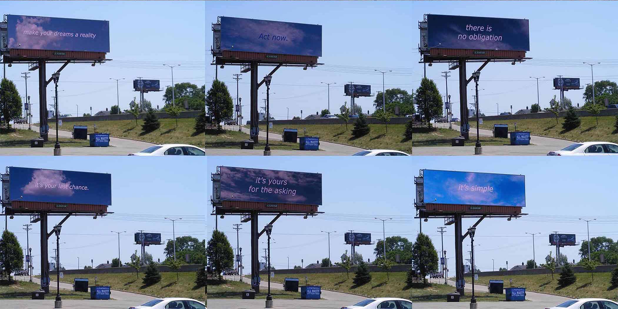 Six images of a billboard on a roadside with trees and a blue sky, showing different lighting conditions.