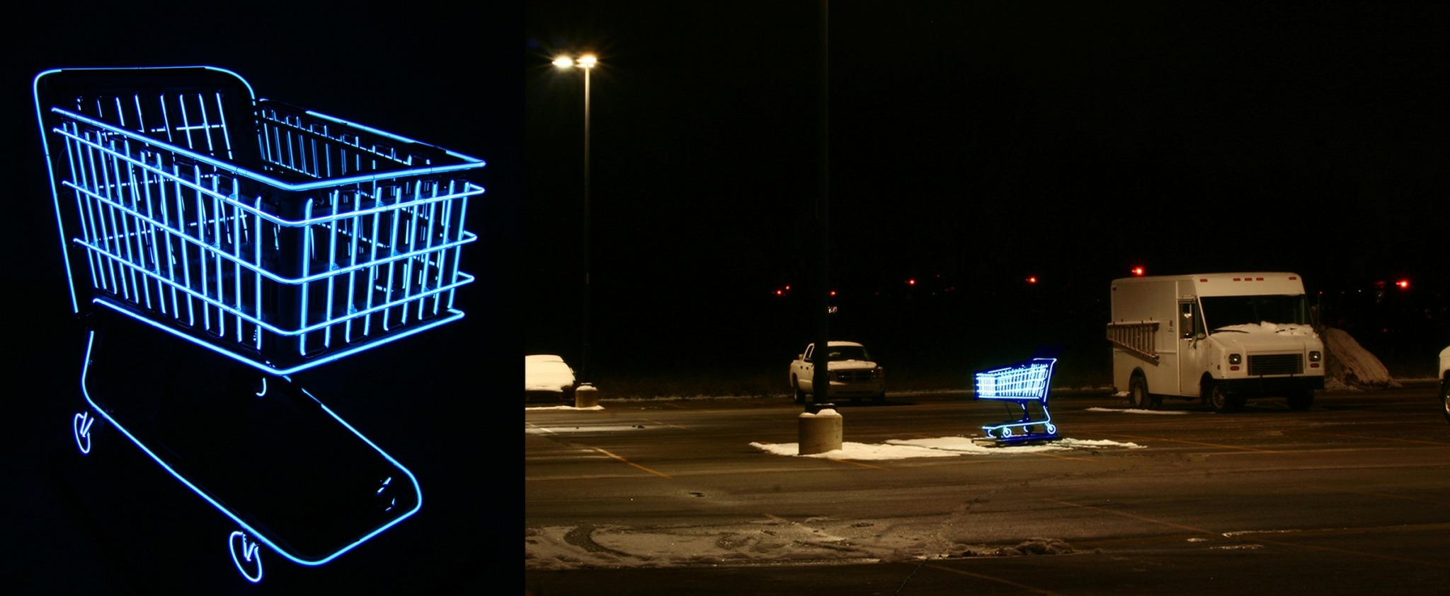 A shopping cart made of blue neon lights on a dark background, with a parking lot and vehicles in the distance.