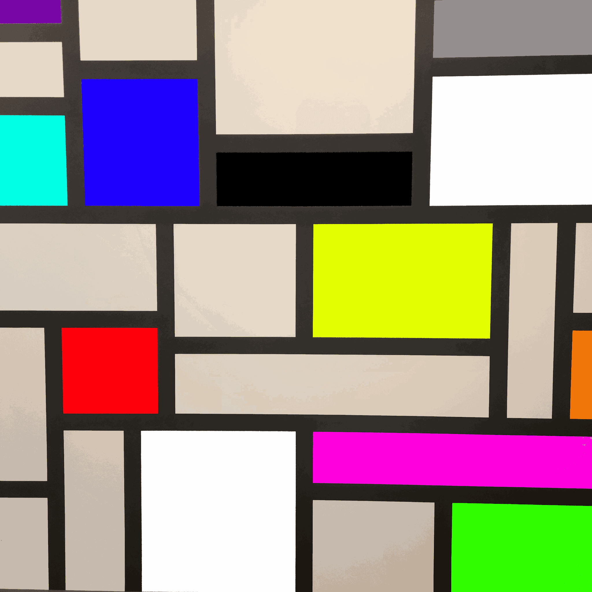 Colorful geometric abstract art with rectangles and squares in various colors and black outlines.