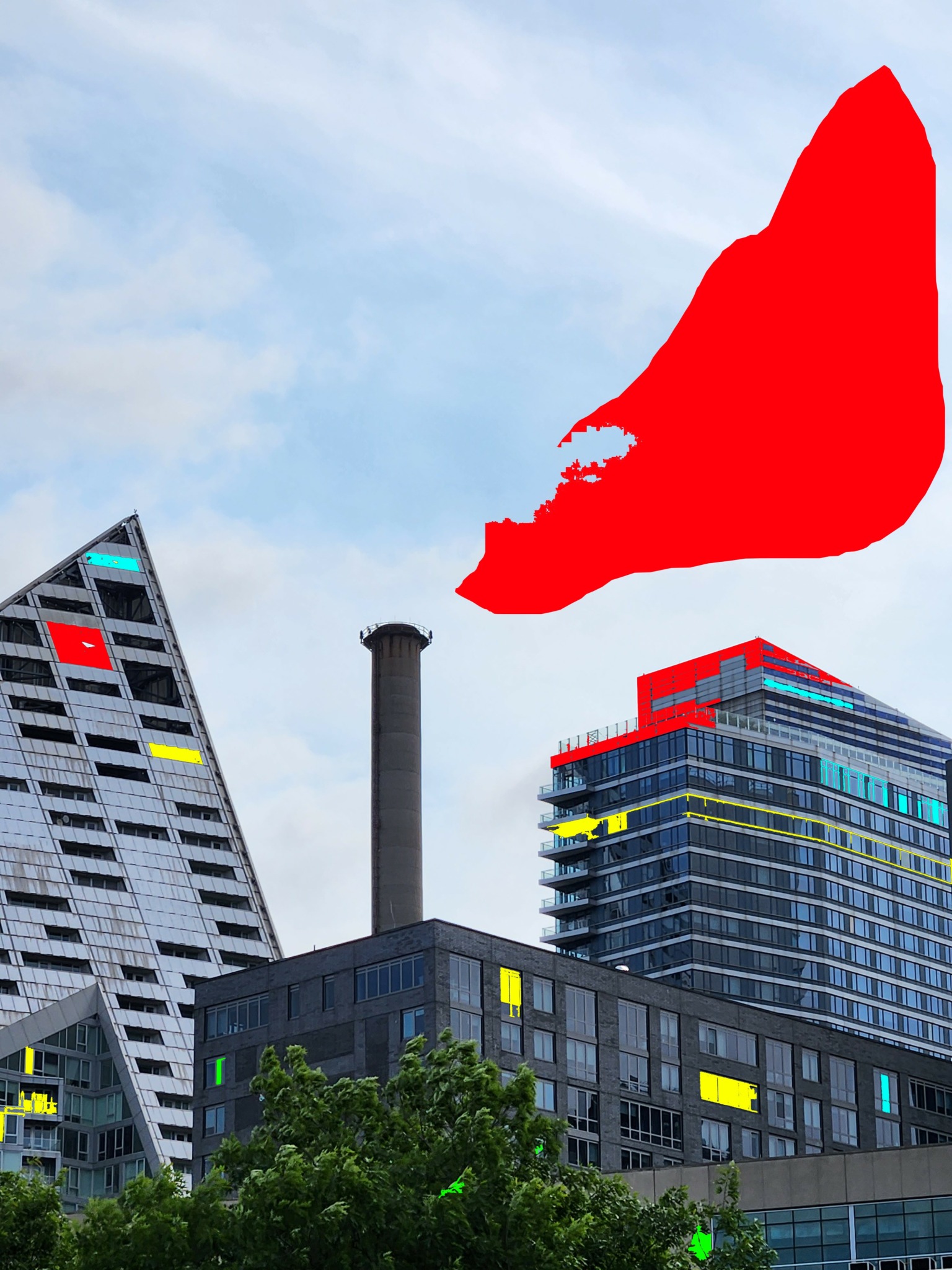 Cityscape with modern buildings and a cloudy sky, with a red shape in the upper right corner.