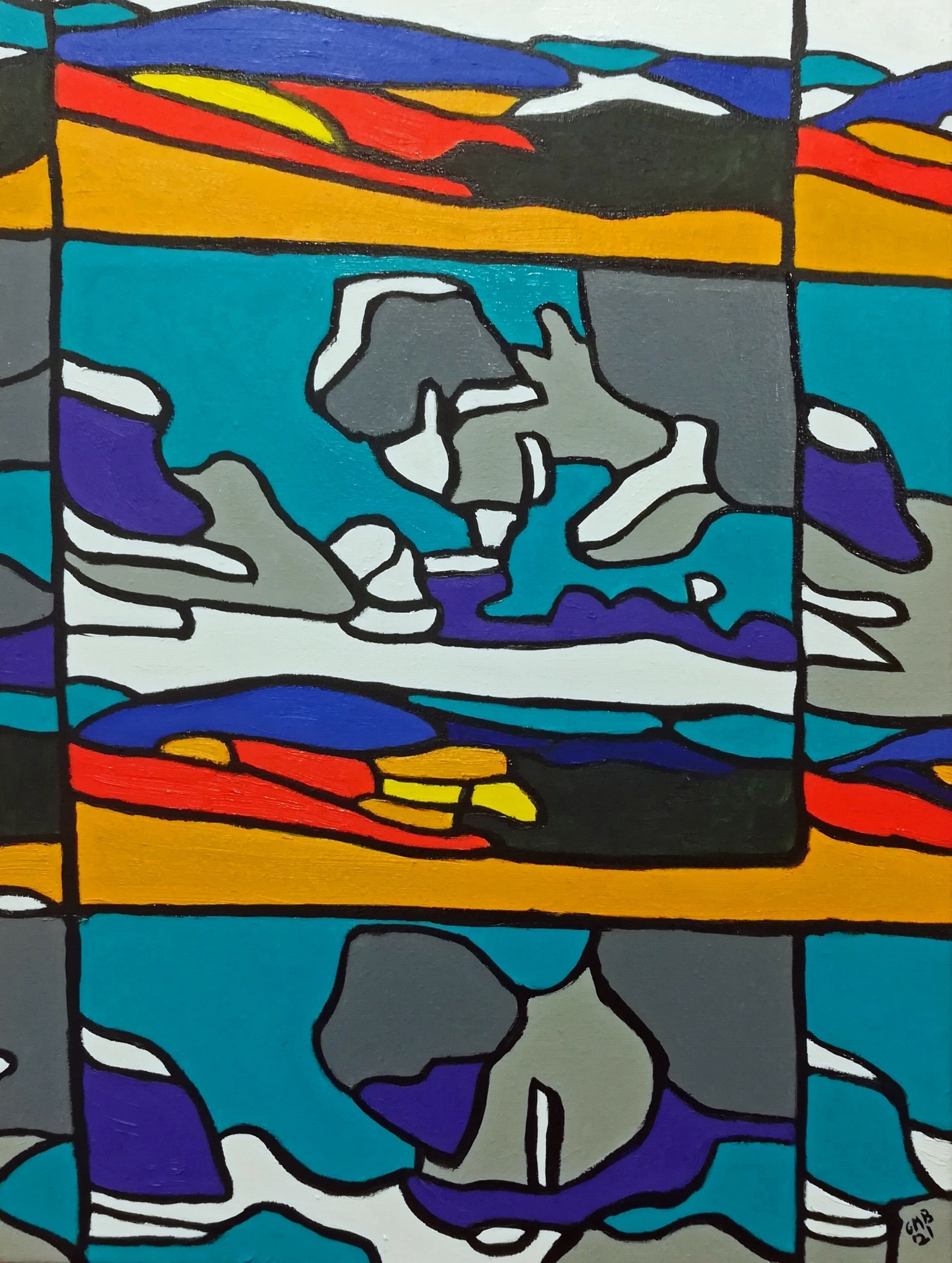 Abstract stained glass design with colorful shapes and patterns, including blue, gray, yellow, red, and black elements.