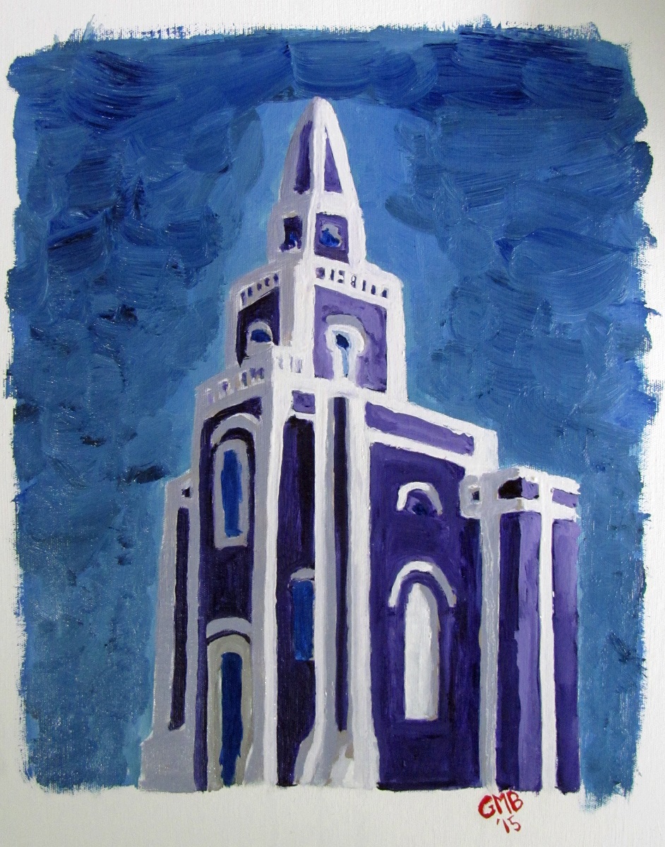 Painting of a tall, white and purple church steeple against a blue sky, with visible brushstrokes.