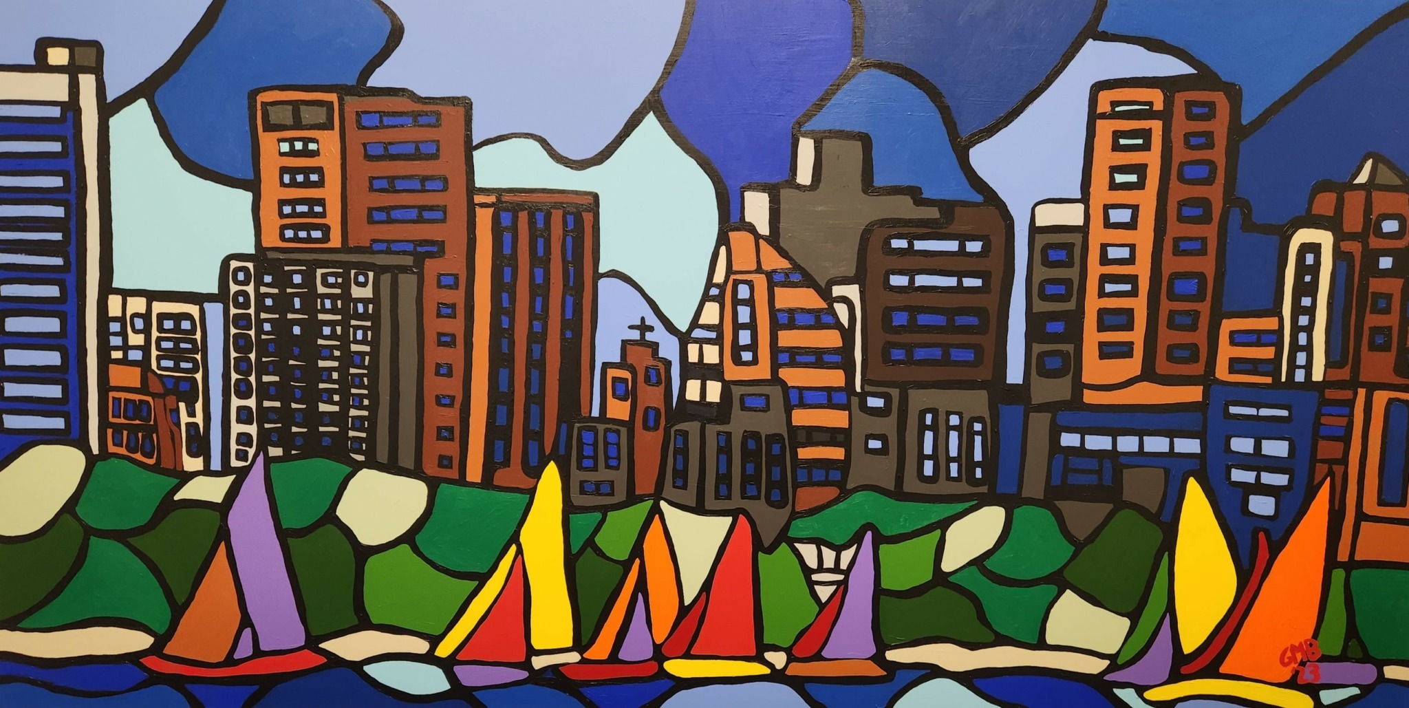 Colorful city skyline with tall buildings, green trees, and sailboats on water, in a stylized, cartoon-like art style.