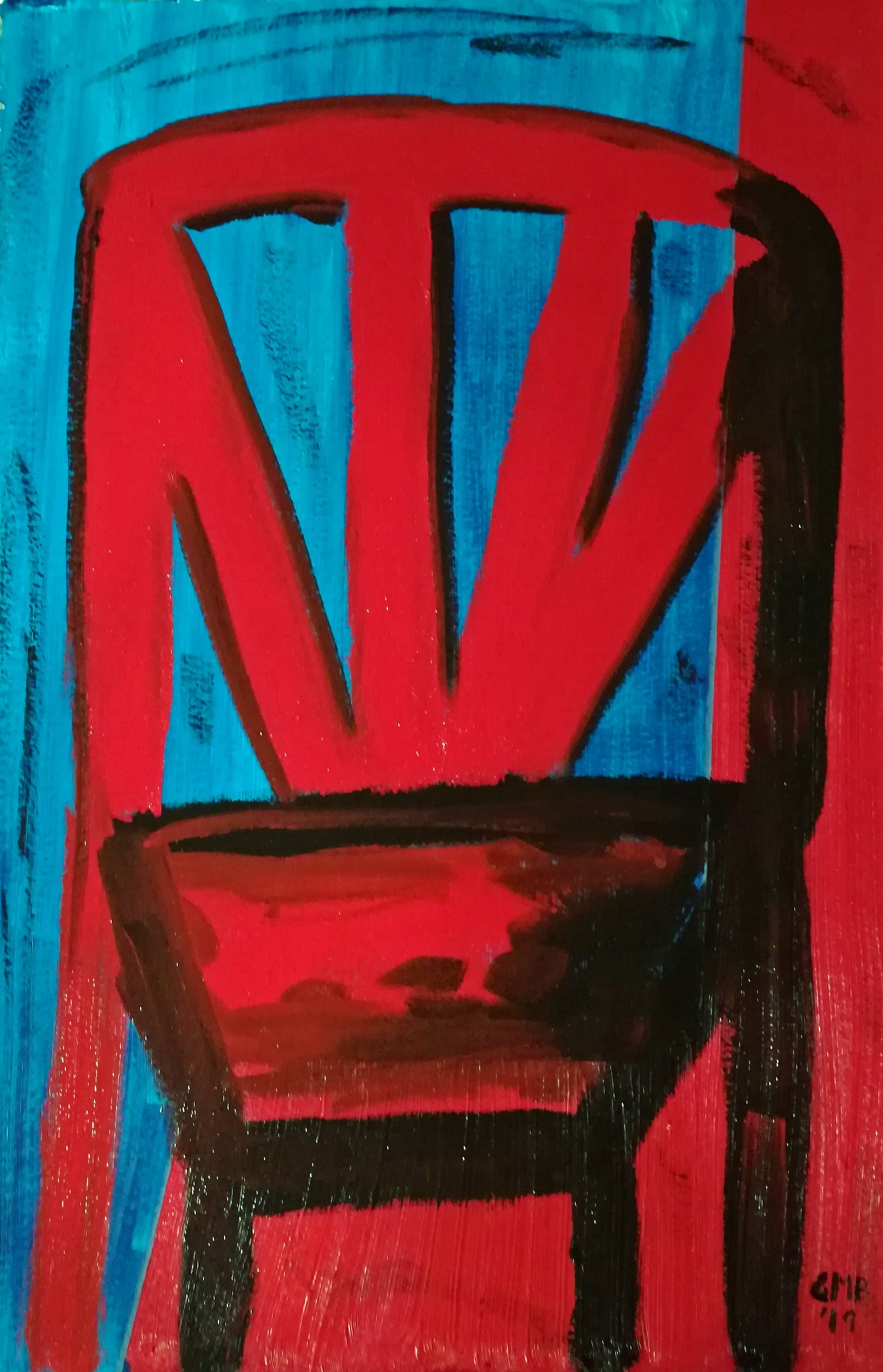 Abstract painting of a chair with a red seat and black outline, blue background, and red and black details.