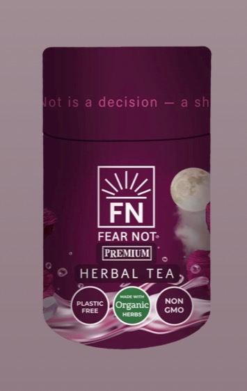Purple herbal tea package with white text, logo, and images of herbs and a moon, labeled 'Fear Not' and 'Herbal Tea'.