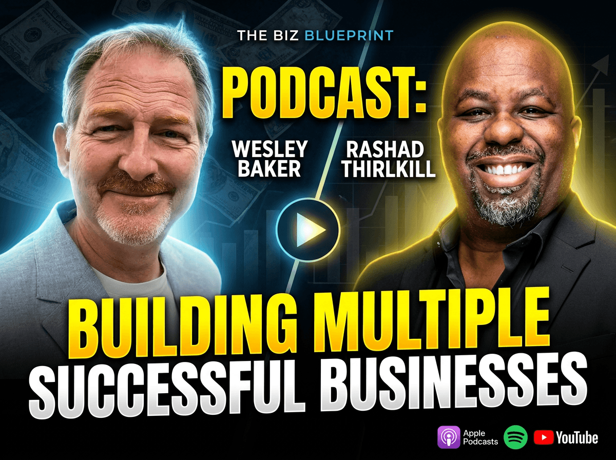 Two men smiling, text about a podcast on building multiple successful businesses, with logos of Apple Podcasts and YouTube.