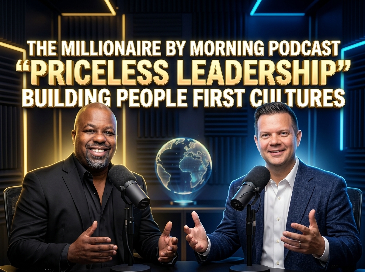 Two men in suits sit at microphones with a digital globe behind them, promoting leadership podcast, with bold text overlay.