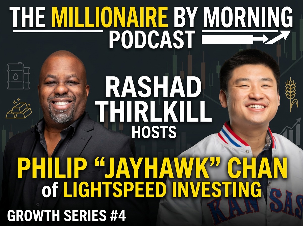 Podcast cover featuring two men, one smiling, with text about Millionaire by Morning podcast, hosts Rashad Thirkill and Philip Chan.
