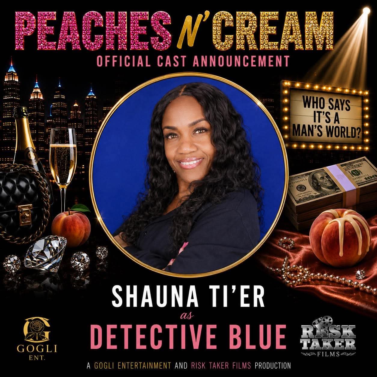 Promotional poster for Peaches n' Cream with a woman smiling, city skyline, and various objects including a glass, pumpkin, and money.