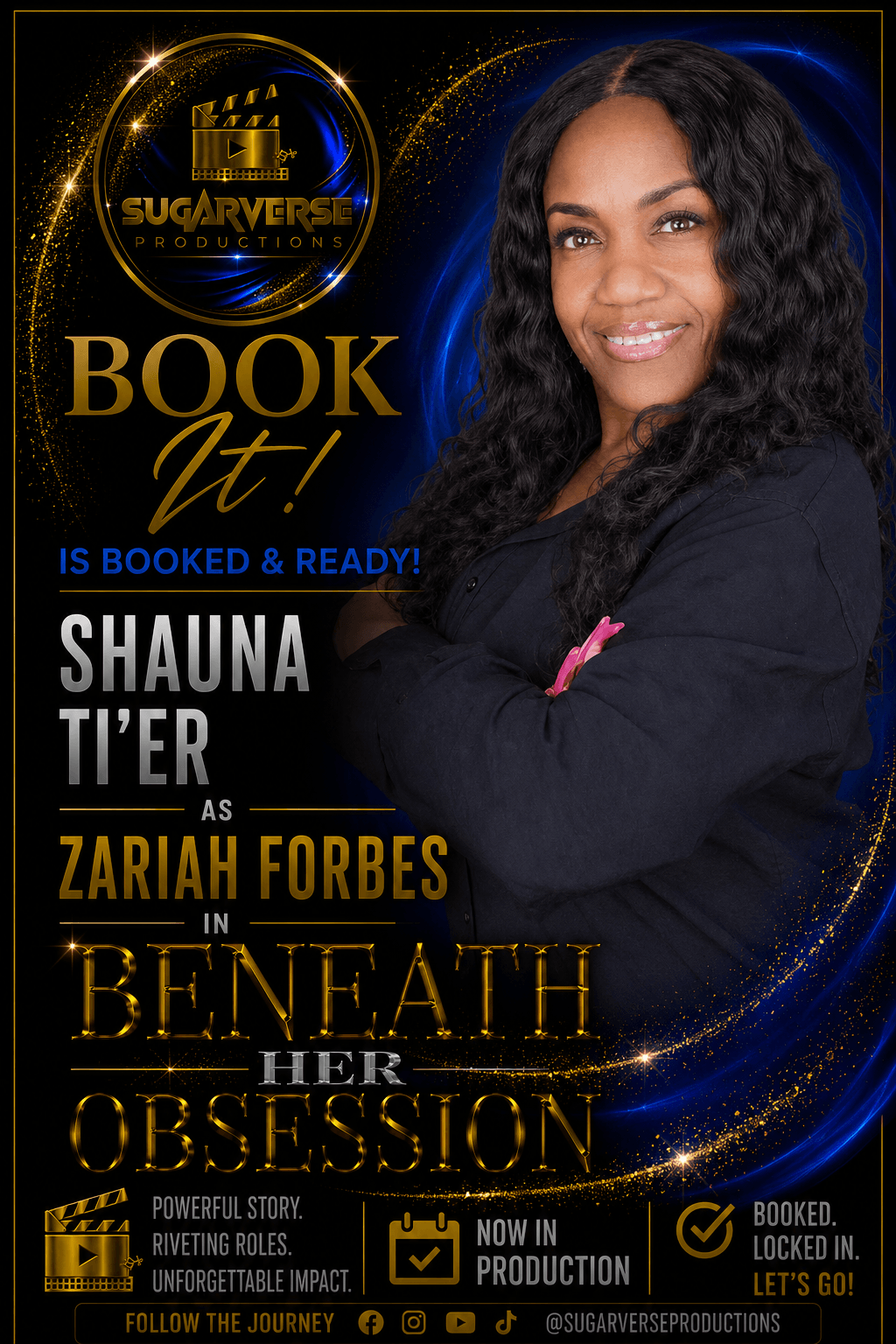 Woman with long curly hair smiling, wearing a dark jacket, promotional book event poster background, text about book launch.