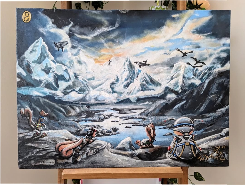 Painting of icy mountains, glaciers, and a river with animals and flying birds in a cold landscape.