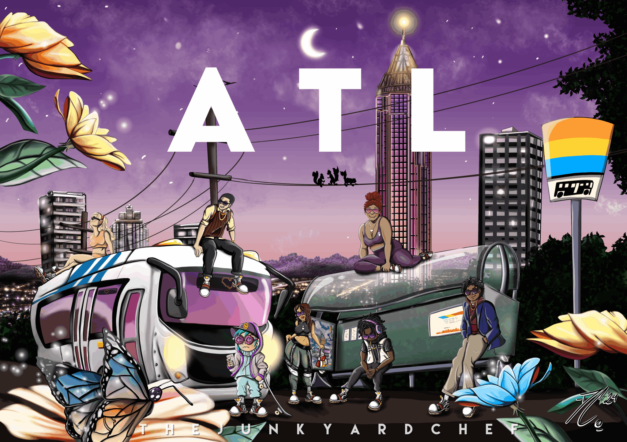 Train with people, city skyline, flowers, butterflies, and night sky with moon and stars, spelling ATL.
