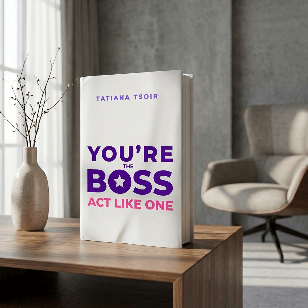 Book titled 'You're the Boss' on a wooden table with a vase and a chair in a modern room.