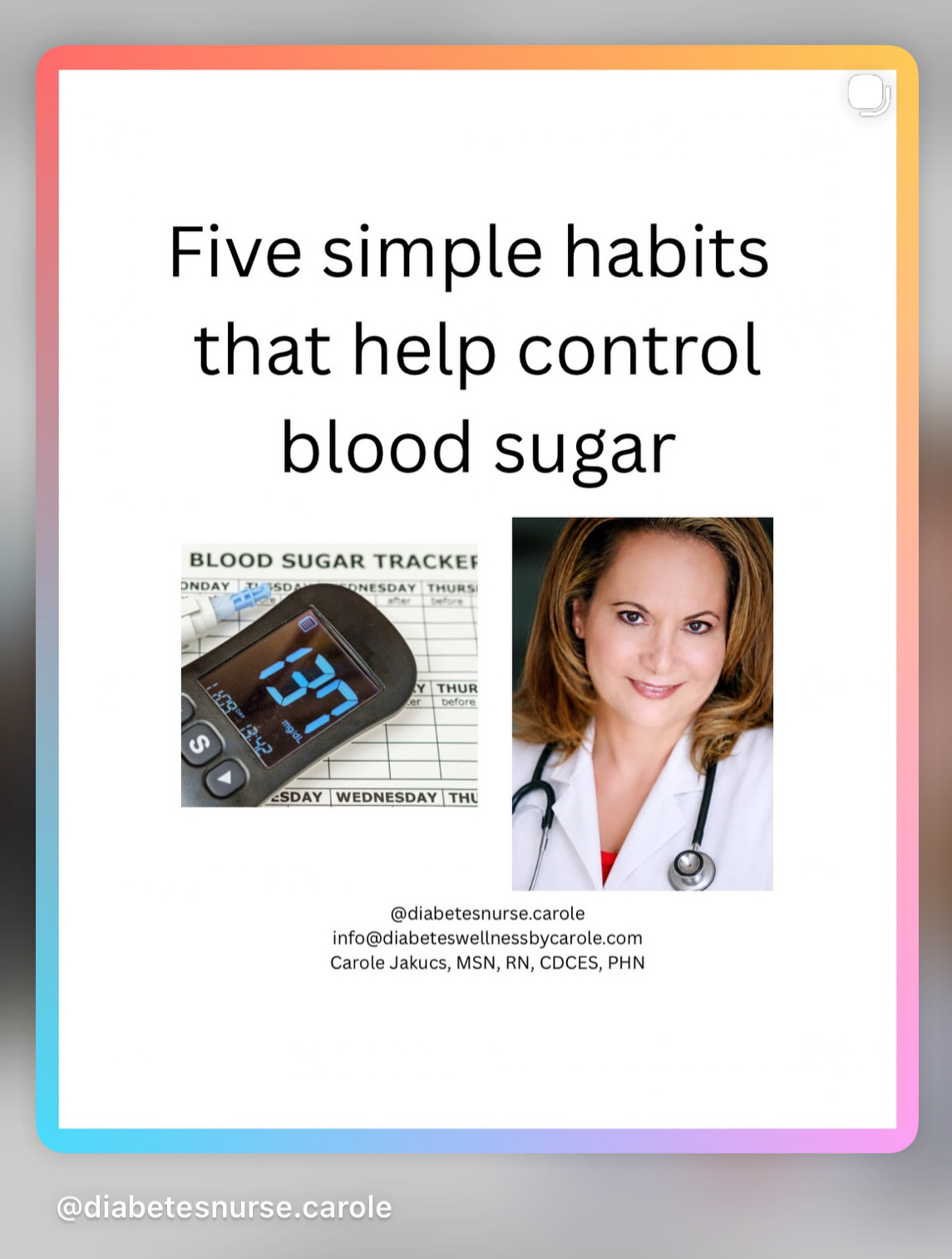 Presentation slide titled 'Five simple habits that help control blood sugar' with a blood sugar monitor and a woman smiling.