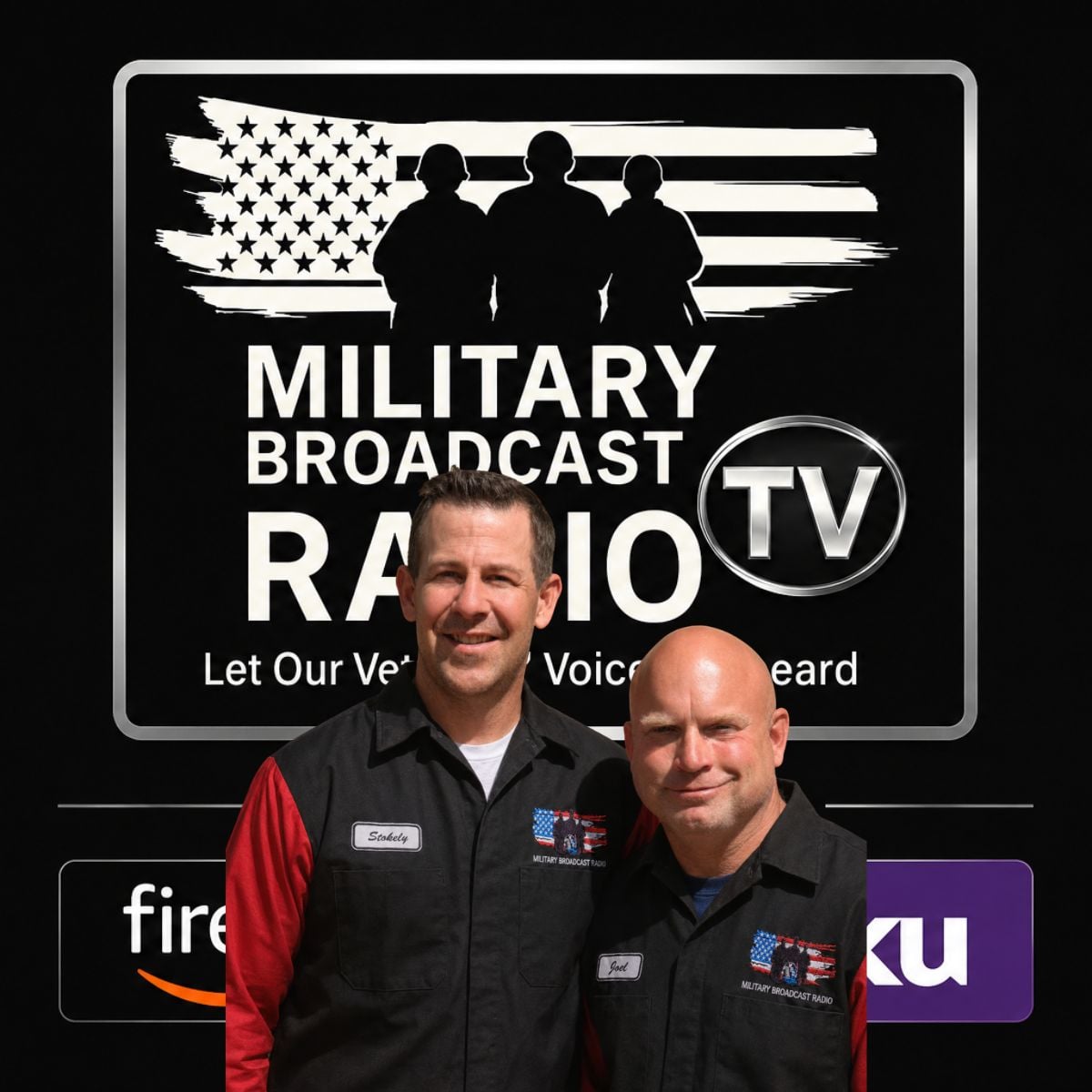 Two men in black uniforms stand in front of a sign with a silhouette of three people and an American flag, with text about military broadcast radio.