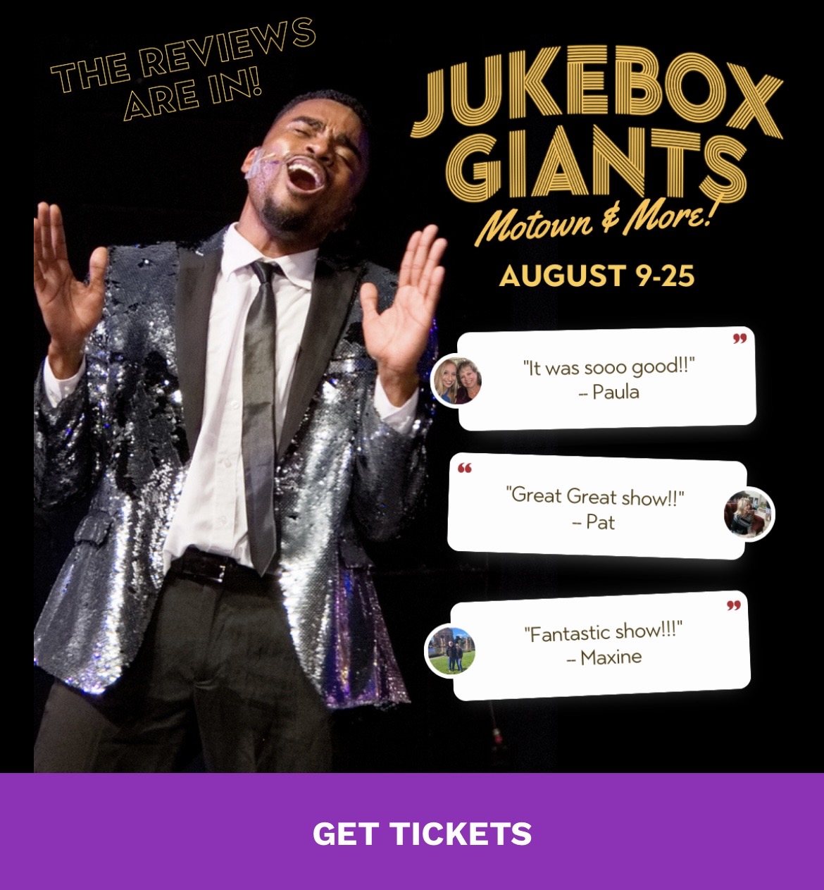 Man in a shiny jacket laughing with hands raised, promoting Jukebox Giants show August 9-25, 20 words, 94 characters.