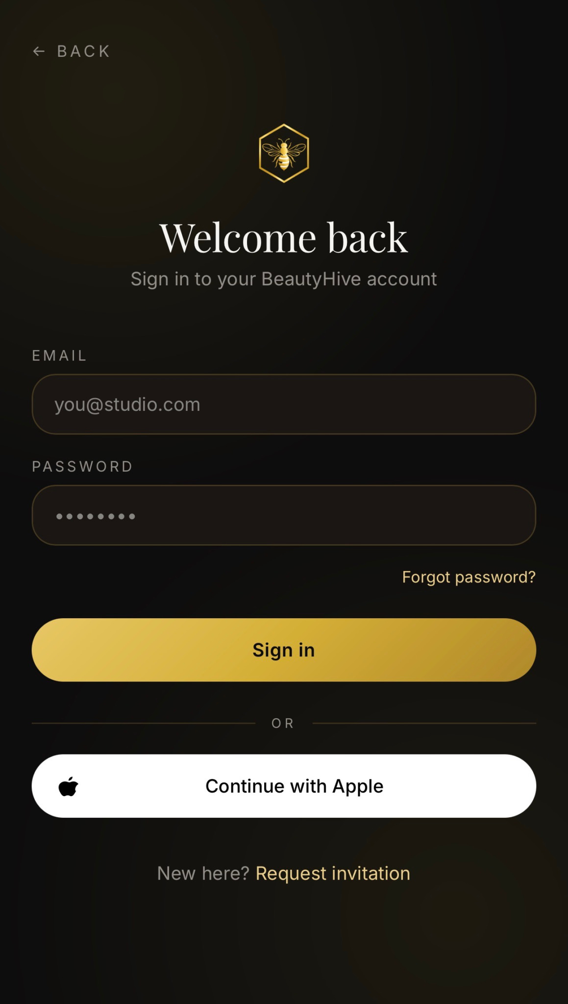 Login screen with email and password fields, sign in button, and options to continue with Apple or request invitation.