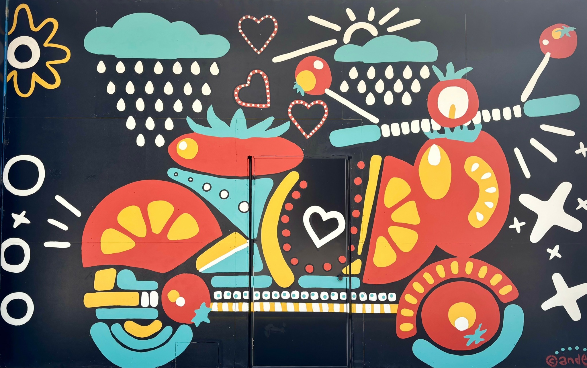 Colorful abstract bicycle with hearts, clouds, and decorative elements on a dark background.