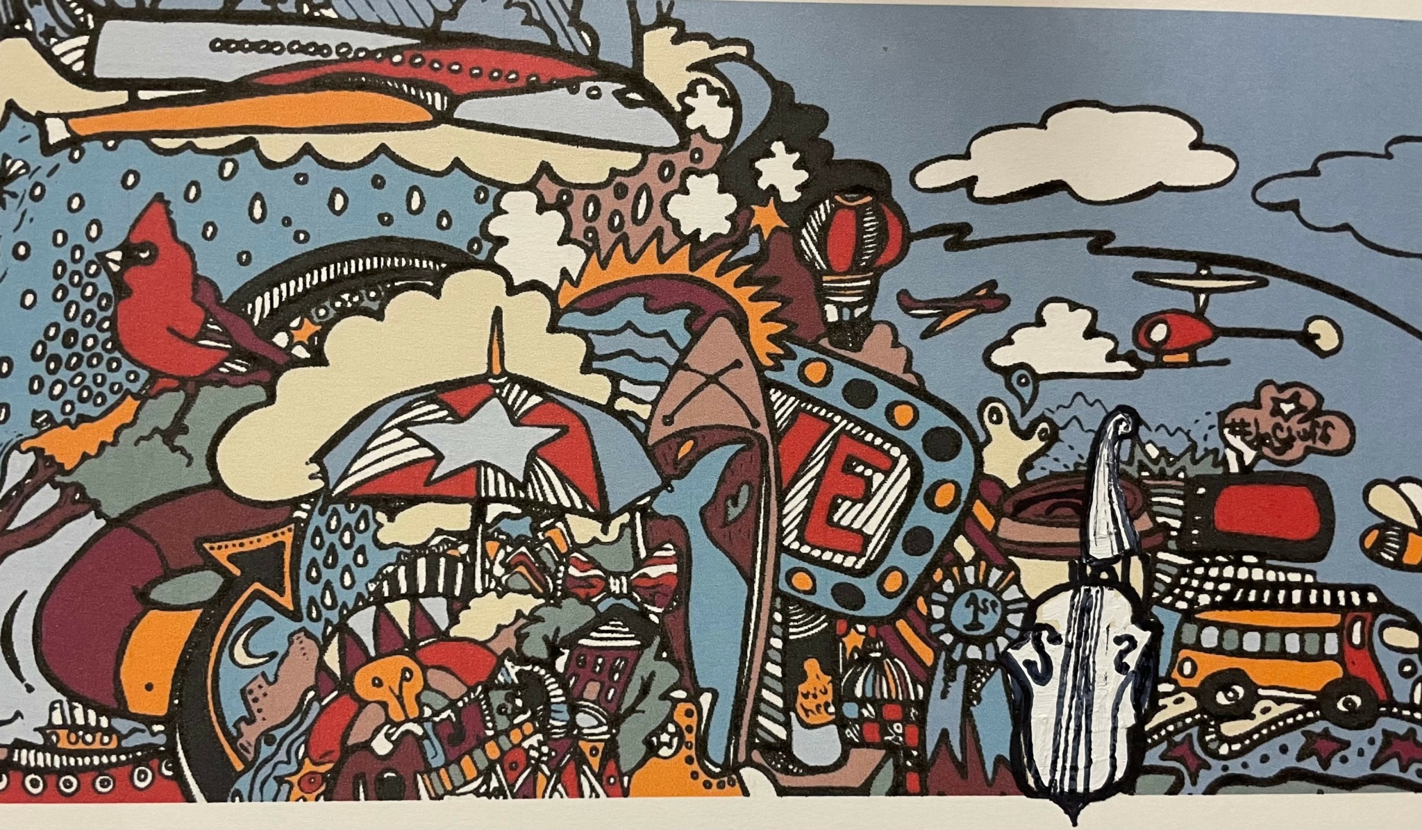Colorful cartoon scene with various characters, objects, and animals in a lively setting, including a red bird, umbrella, and vehicles.