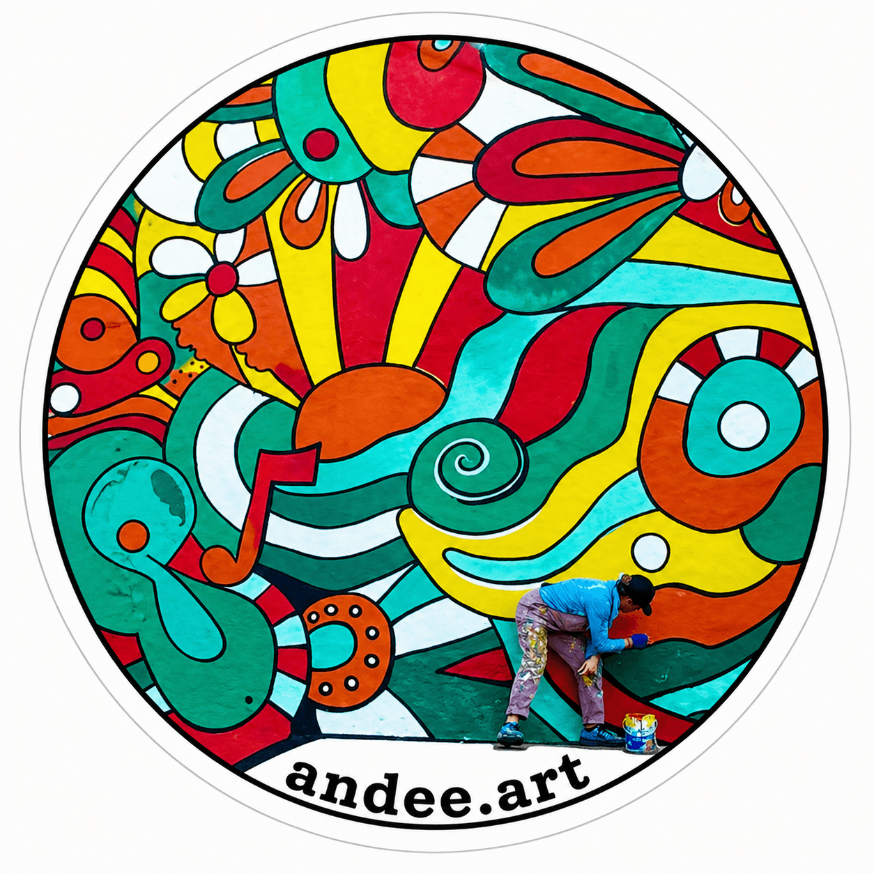 Person painting a colorful, abstract mural with swirling shapes and patterns, with the text 'andee.art' at the bottom.