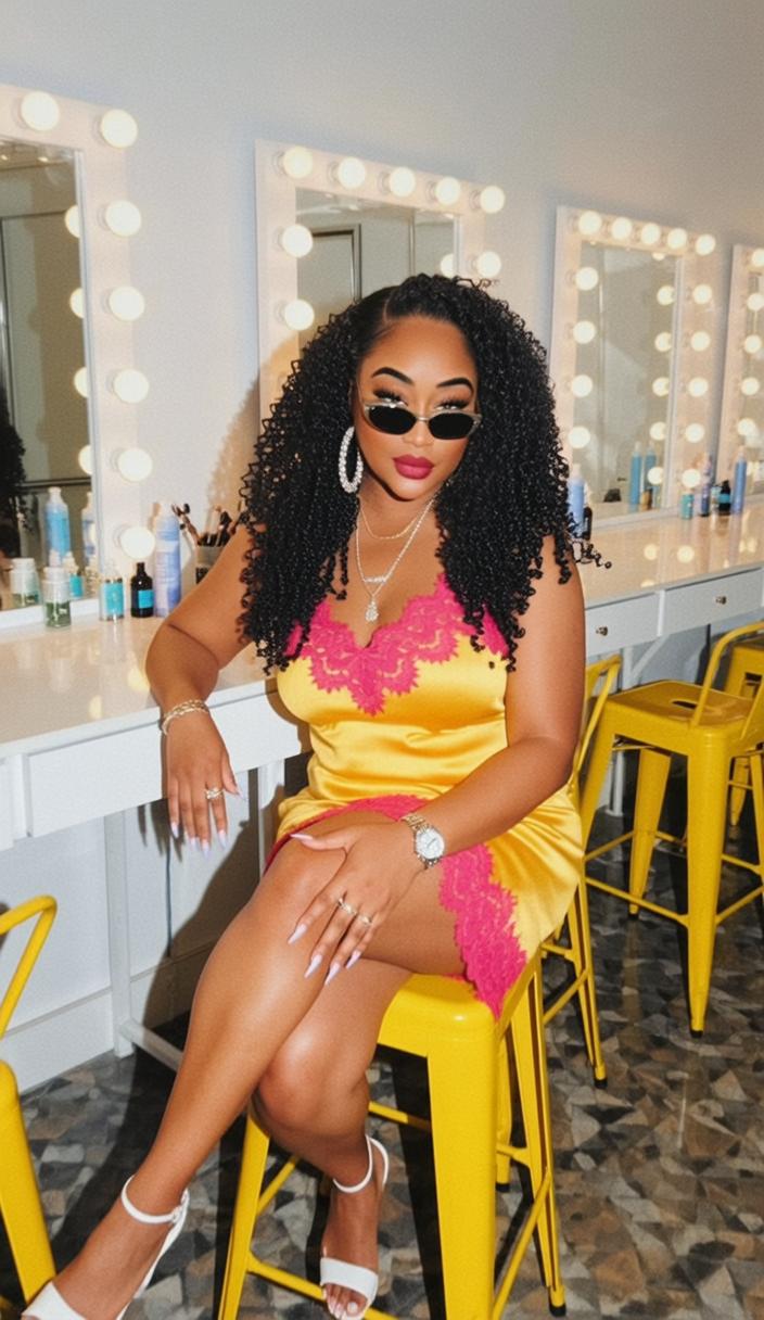 Woman with curly hair in a yellow and pink dress sitting on a yellow chair in a dressing room with mirrors and lights.