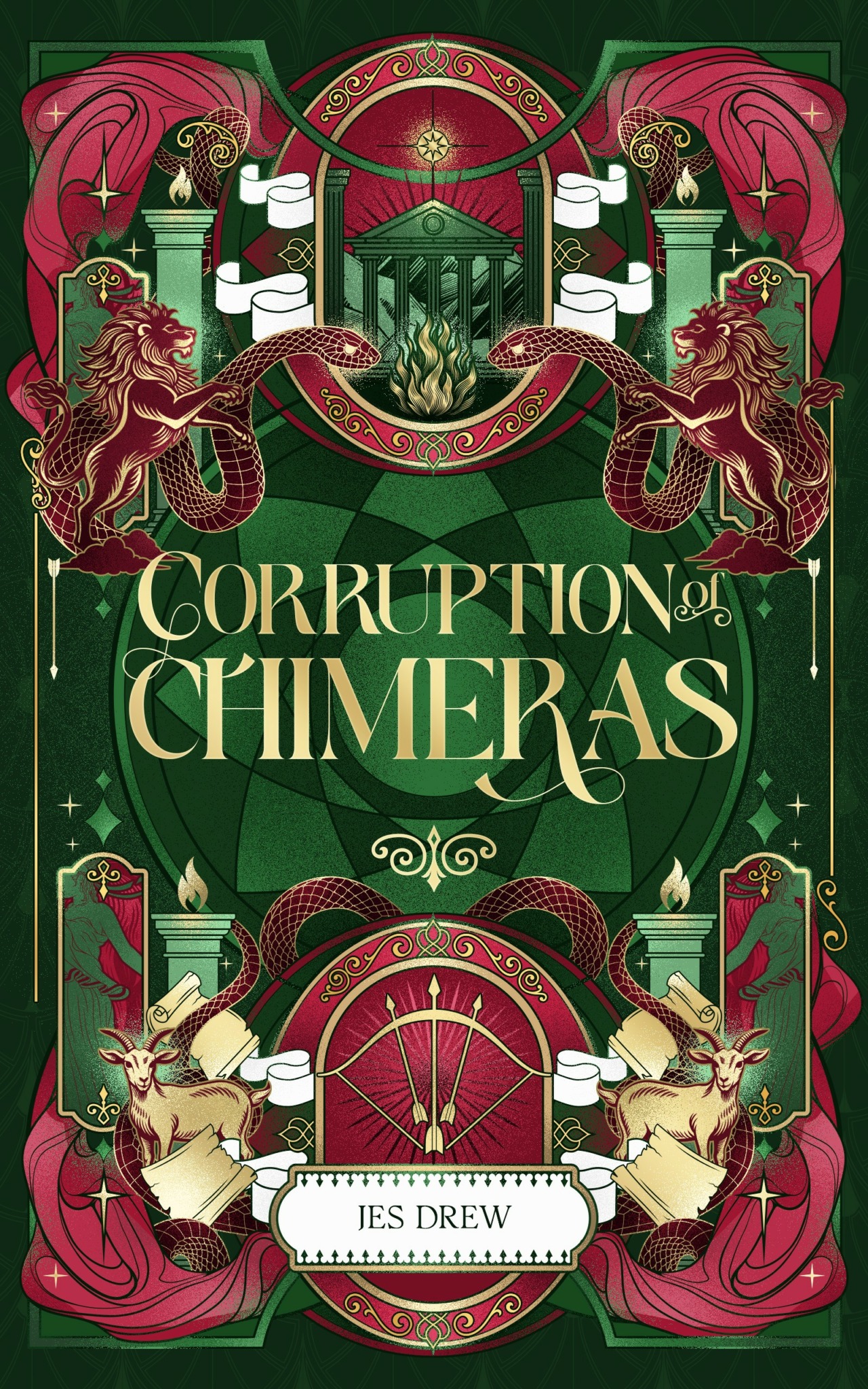 Book cover titled 'Corruption of Chimera' with two lions, two unicorns, and decorative elements in green, red, and gold.