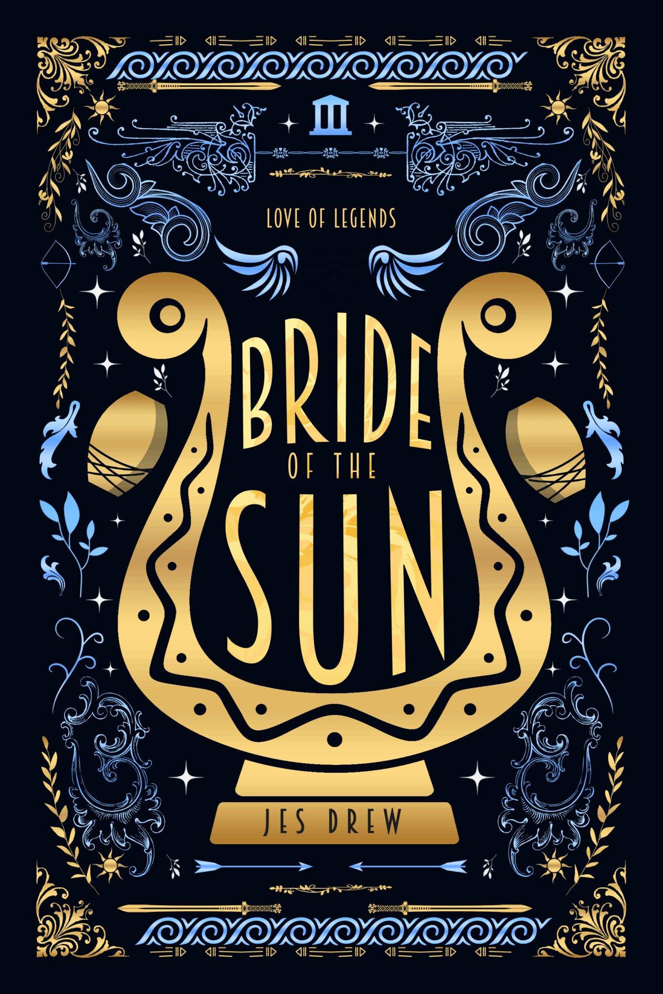 Book cover titled 'Bride of the Sun' with decorative gold and blue elements, a sun symbol, and the author's name, Les Drew.