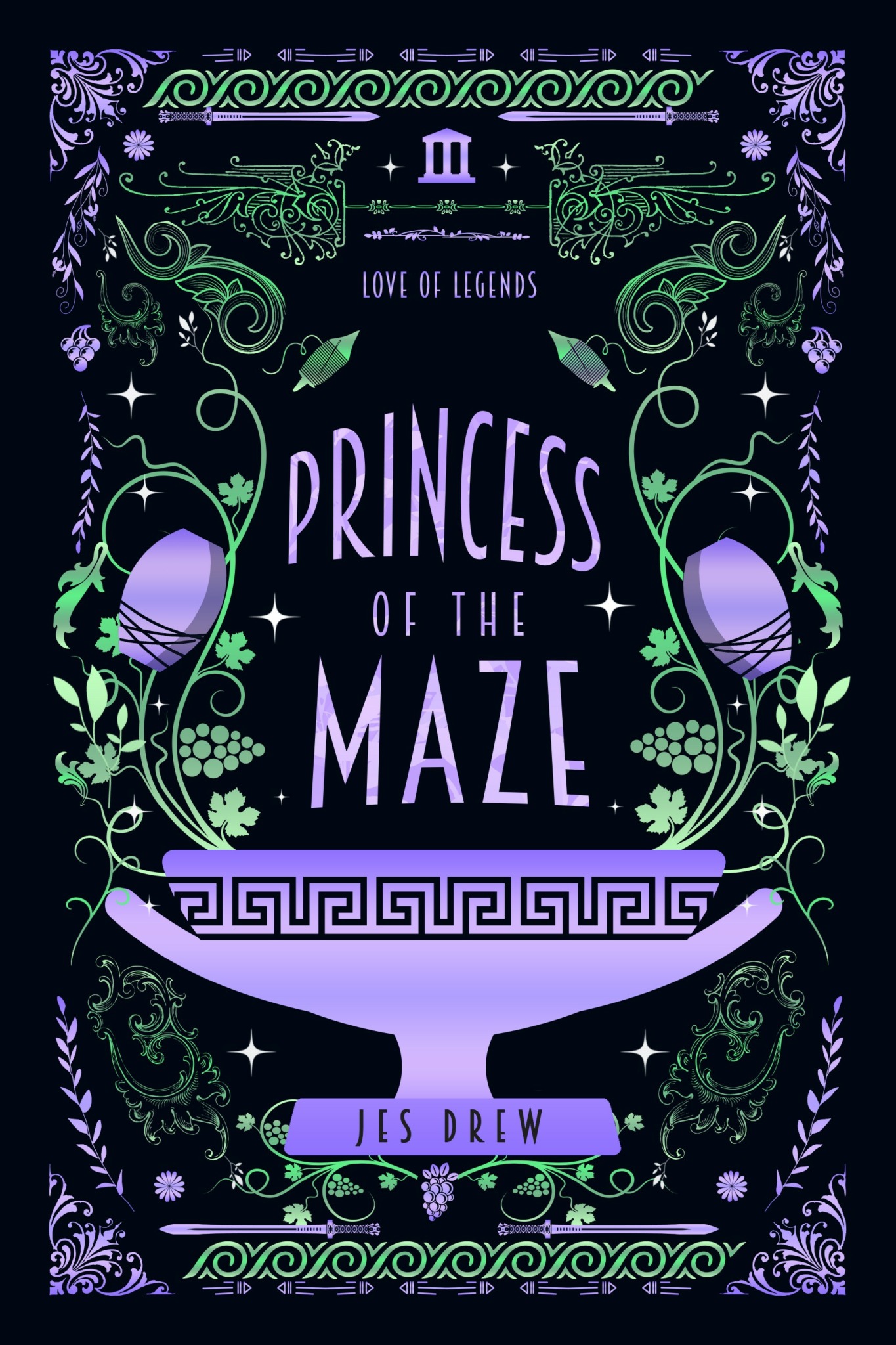 Book cover with green and purple decorative elements, title 'Princess of the Maze' by Jess Drew, and maze motif.
