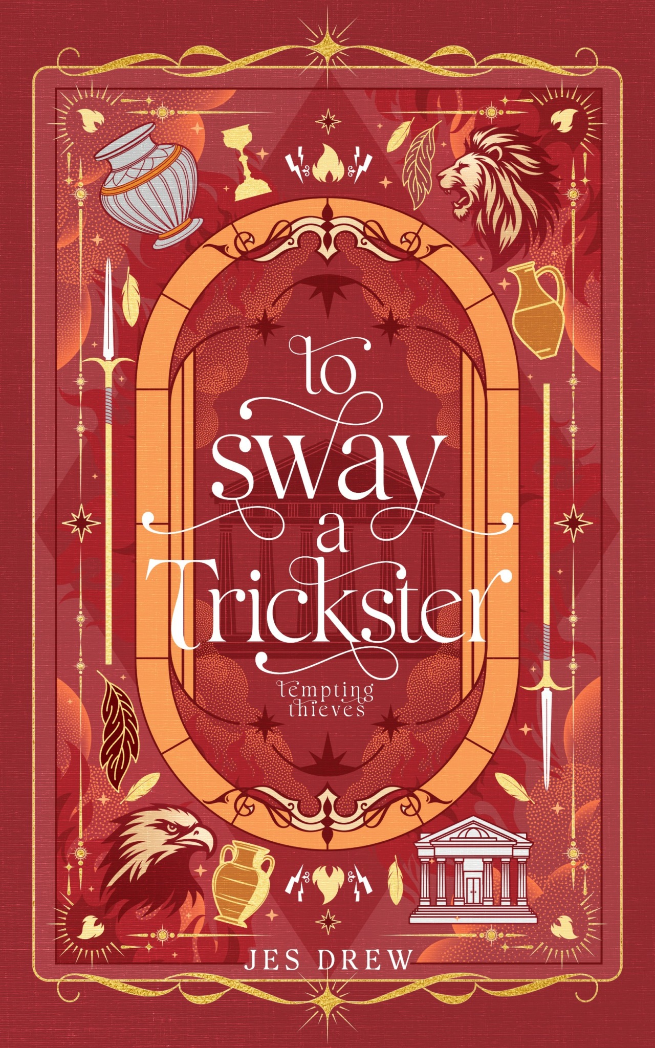 Book cover with a red background, decorative elements, and the title 'To Sway a Trickster' by Jes Drew.