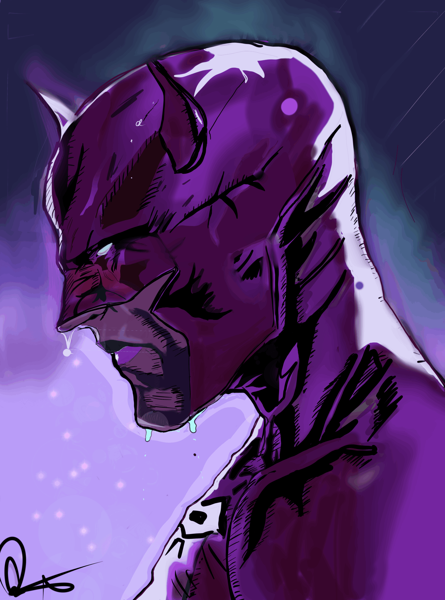 A purple, muscular humanoid feline with a serious expression, set against a cosmic background with stars and nebulae.