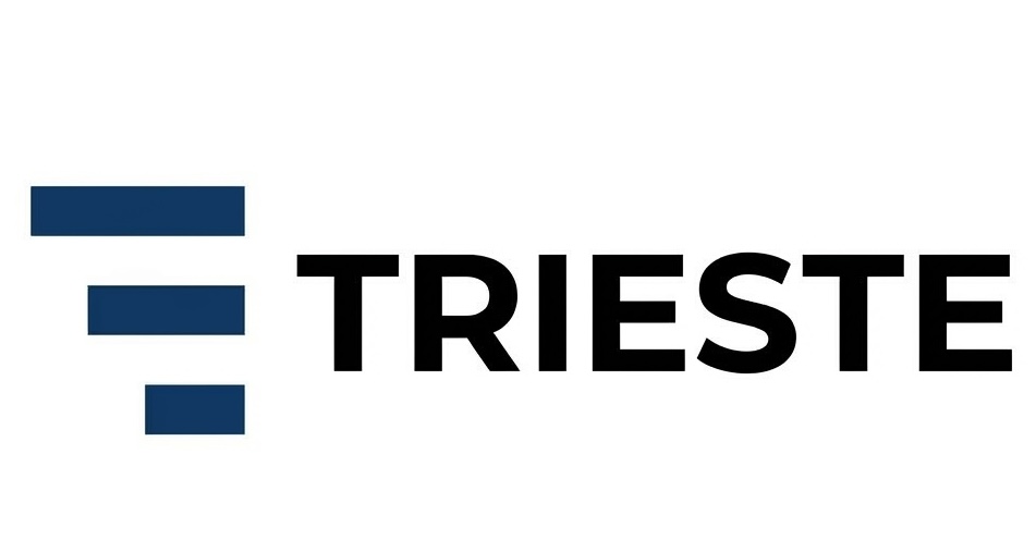 Logo with three horizontal blue bars and the word 'TRIESTE' in black, bold letters.