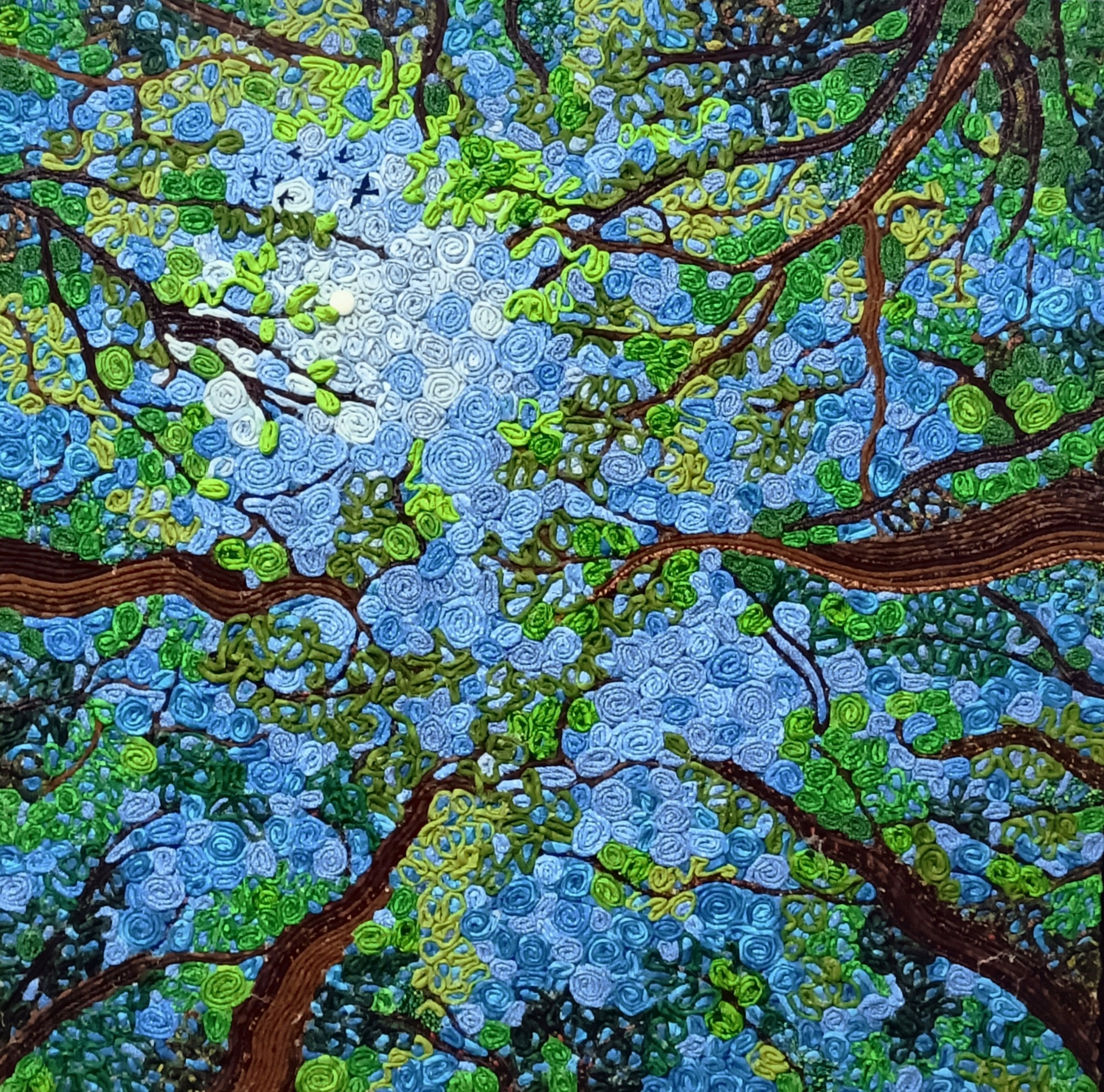 Looking up at a tree canopy with branches and green leaves against a blue sky, in a pointillist style.