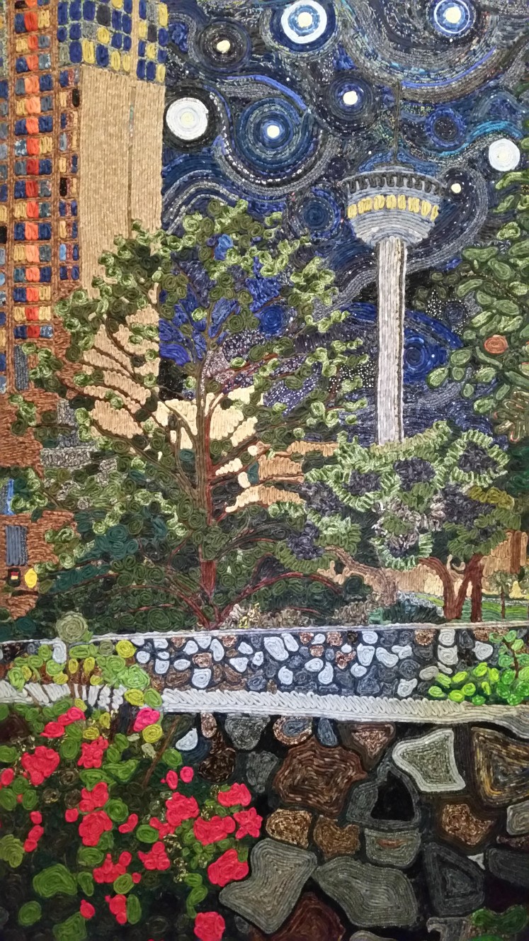 Painting of a park scene with trees, a fountain, and colorful flowers, inspired by Vincent van Gogh's style.