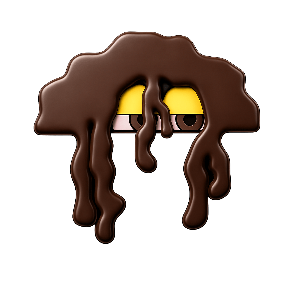 Chocolate emoji with yellow eyes and brown drips, on a black background.