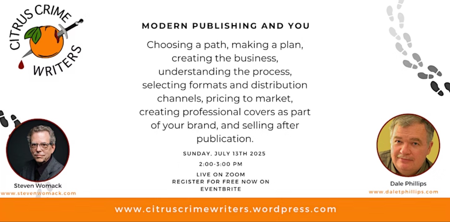 Event flyer for Citrus Crime Writers, featuring speaker Steven Womack and Dale Phillips, with event details and website link.