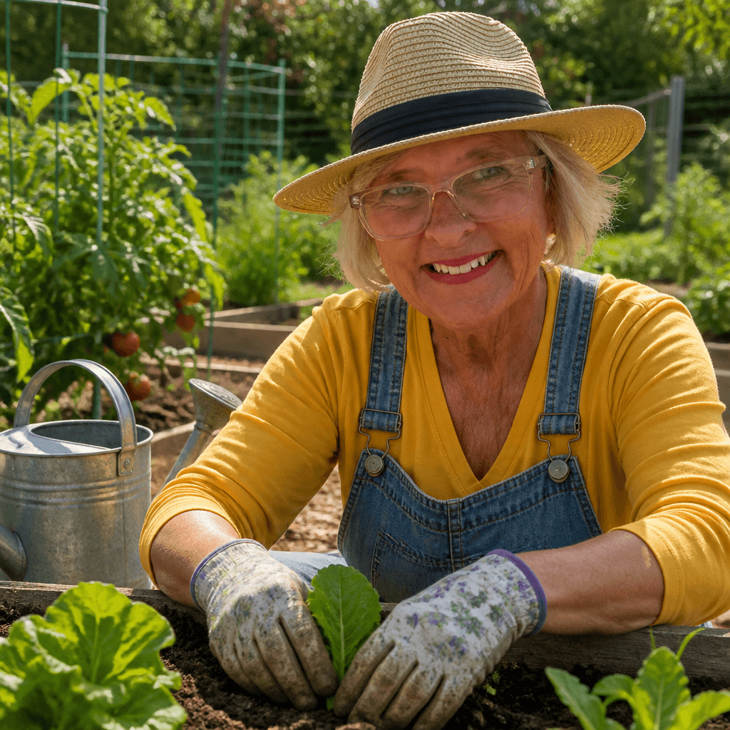 Older woman gardening outdoors, wearing a straw hat, glasses, yellow shirt, denim overalls, and gardening gloves, smiling.