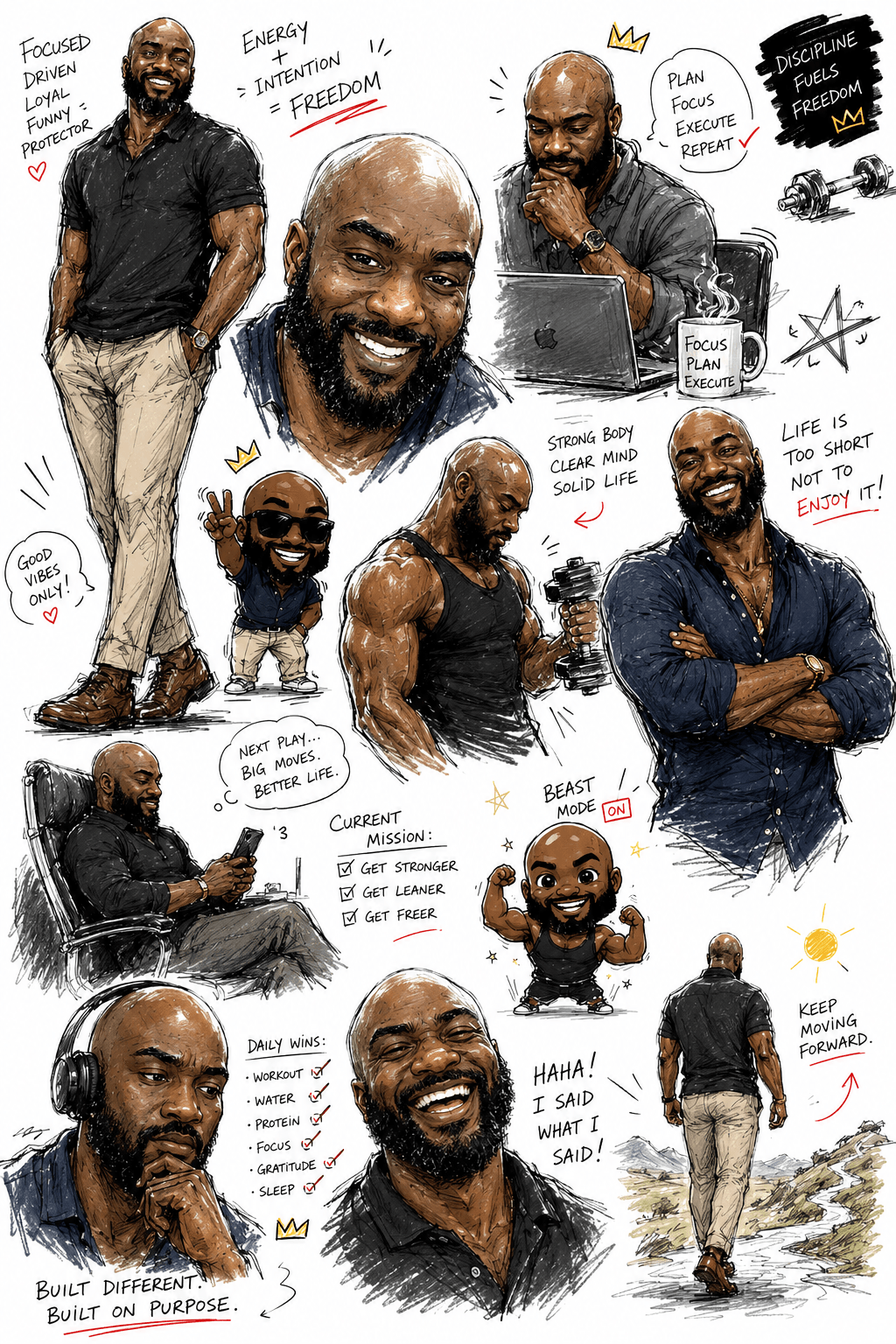 Collage of diverse men, some smiling, some working, with handwritten notes and doodles around them, in various poses and settings.