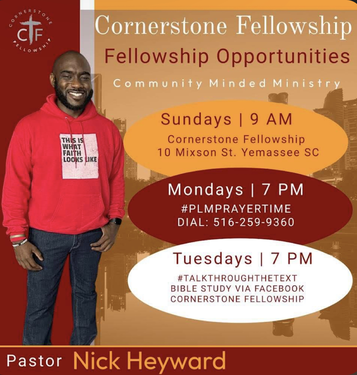 Smiling man in red hoodie standing with text about fellowship opportunities, service times, and contact details.