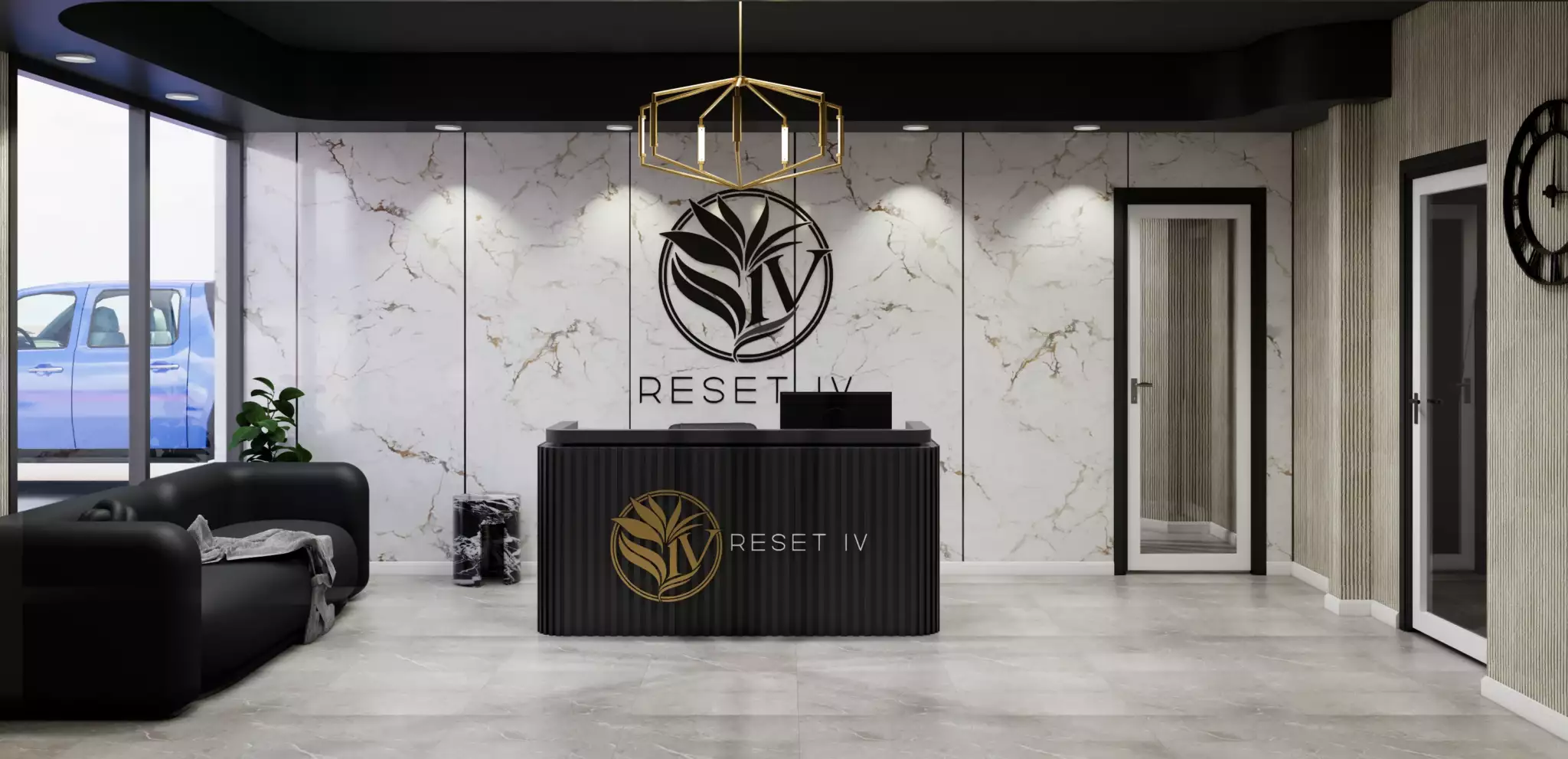 Reception desk with logo and sign, marble wall, glass door, clock, and seating area, modern interior design.