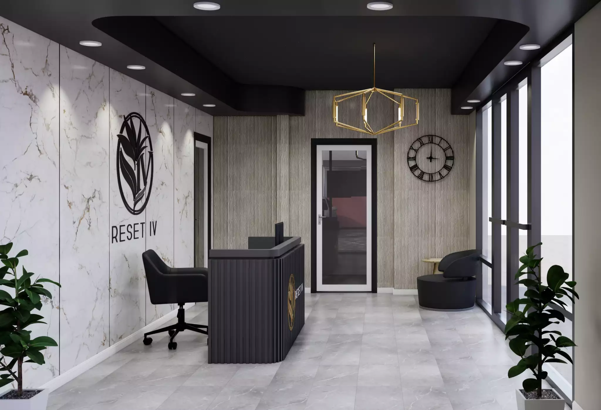 Modern reception area with a desk, clock, plants, and large windows, featuring a marble wall and contemporary decor.