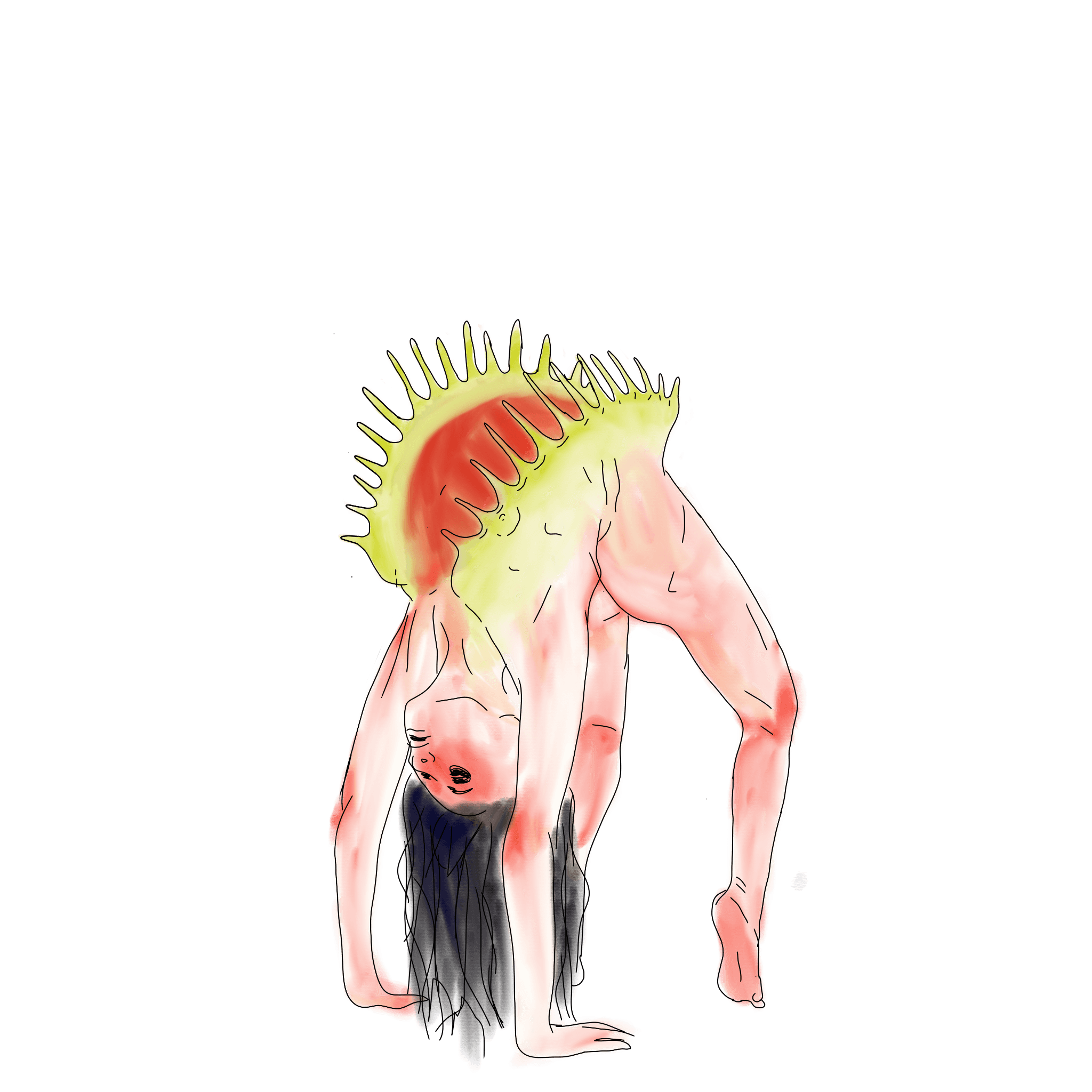 A surreal creature with a human body and a plant-like head with yellow spikes, against a black background.